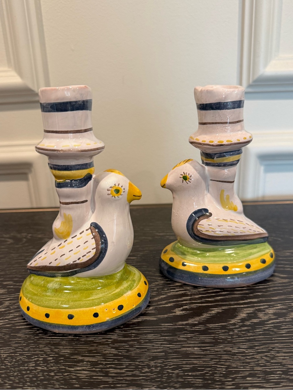 Vintage Candle Holder Pottery Bird Hand Painted Made In Portugal Set Of 2